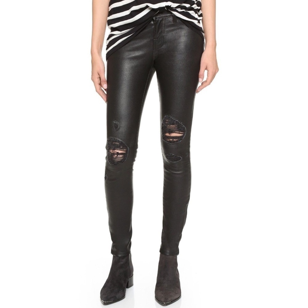 J Brand Genuine Leather Mid Rise Distressed Skinny Zip Ankle Pants Black Size 24